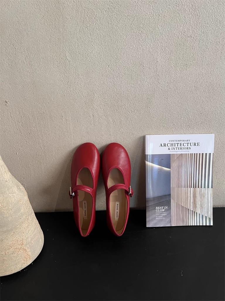2025 Spring and Autumn New One-word Belt Mary Jane Single Shoes Women's Shallow Mouth Ballet Shoes Flat Red Small Leather Shoes