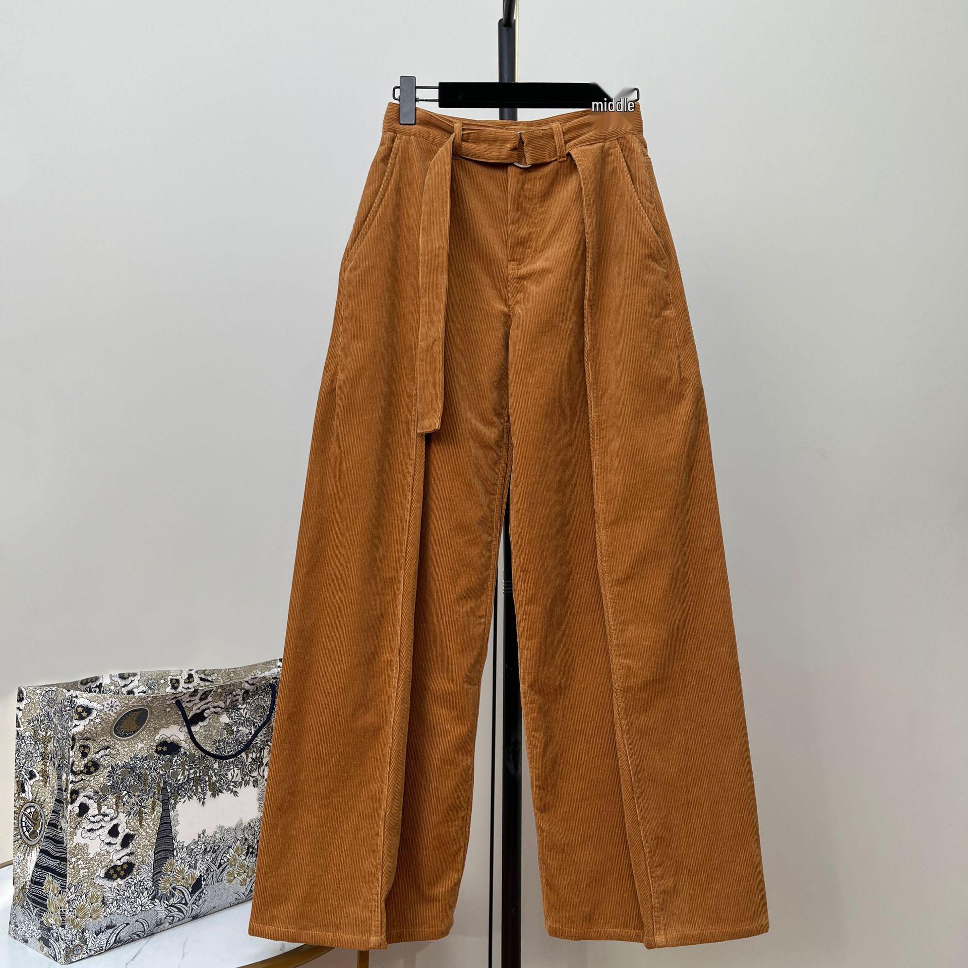 

Unisex Burgundy Corduroy Wide-Leg Pleated Pants with Lace-Up Belt S верблюд