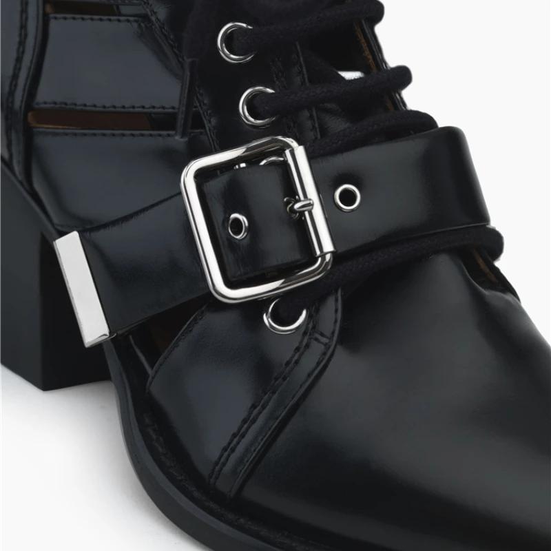 Fashion Brand Fashion Show Genuine Leather Hollow Out Women's Cool Boots Belt Buckle Pointed 6cm High Heels Fashion European American