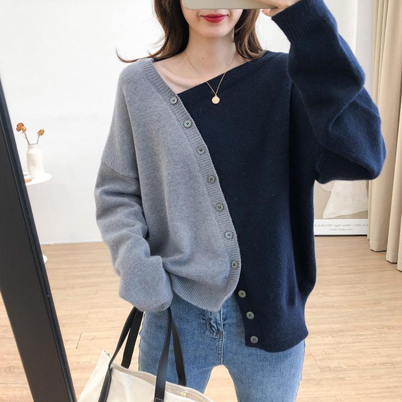 

Autumn and Winter New Korean Style Irregular Knitted Casual Soft Waxy Color-blocked Slanted Sweater Pullover Sweater for Women Onesize темно-синий
