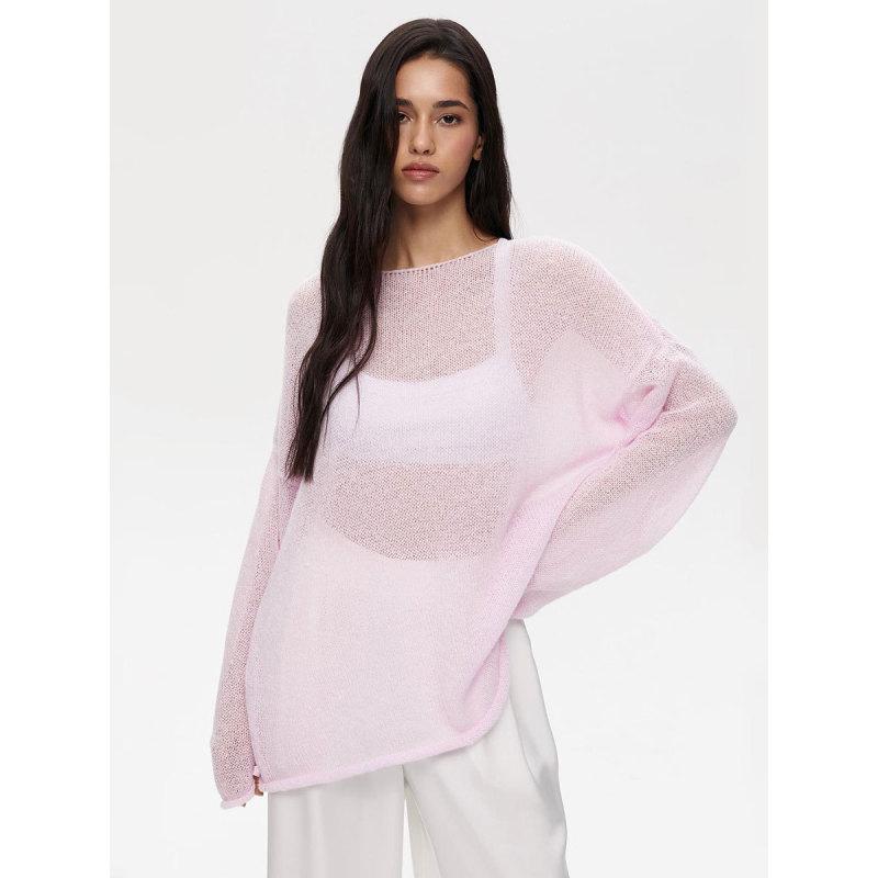 Tooxika Damen Neuer Durchsichtiger Dünner Rundhals Trompetenärmel Ajourstrickpullover