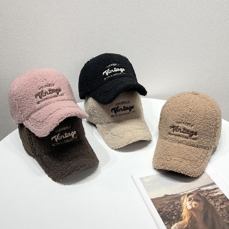 Korean Style Women's Embroidered Plush Winter Baseball Cap