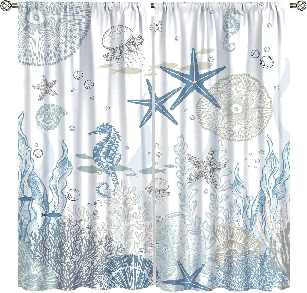 Nautical Ocean Beach Curta,Pink Green Seashell Starfish Coral Coastal Cafe Curta Marine Window Treatment Drapes Home Decor