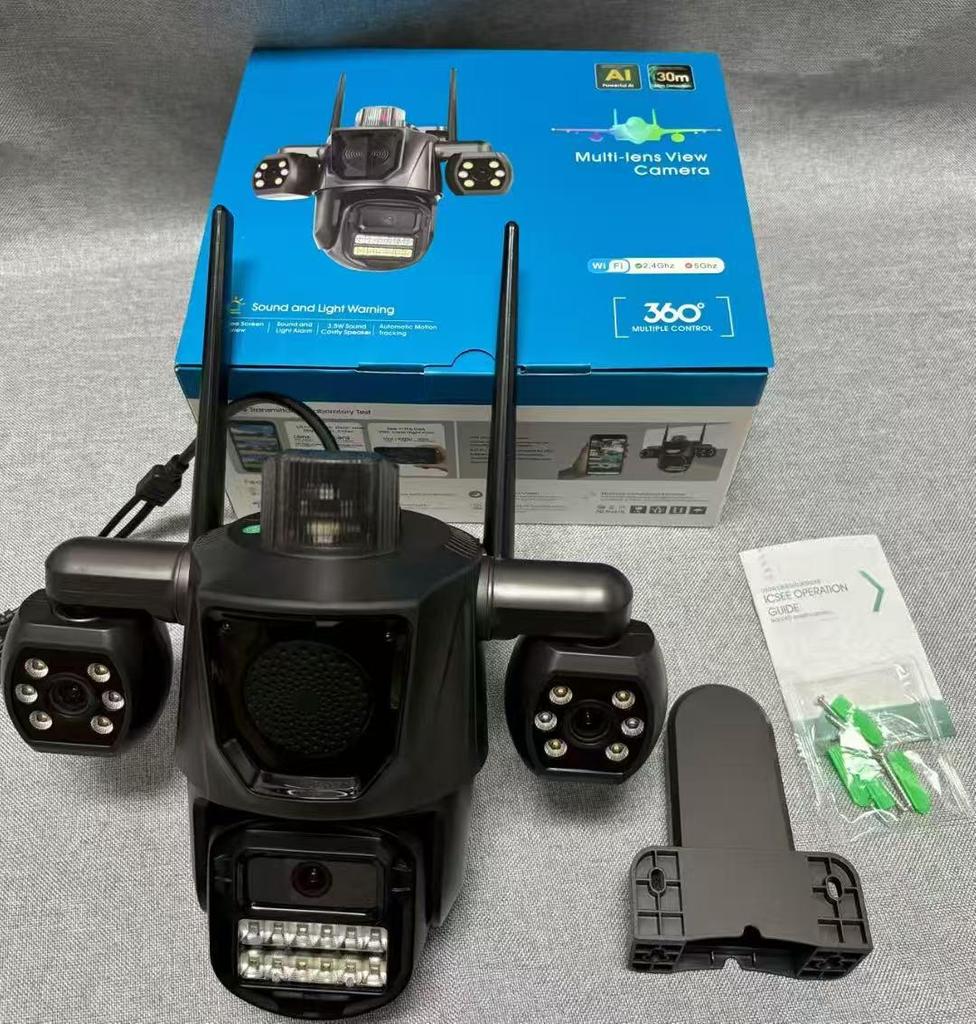 Icsee 9MP Wireless Triple-Lens Outdoor WiFi Camera with Triple-Screen Display.