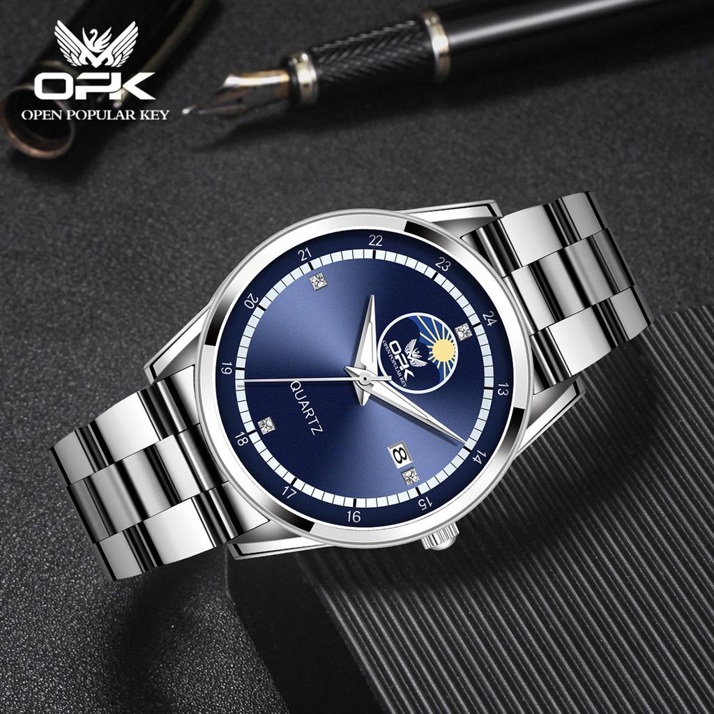 OPK 8146 Men Original Quartz Movement Watch Steel Strip Daily Life Waterproof Calendar Window Night Light Watch For Men
