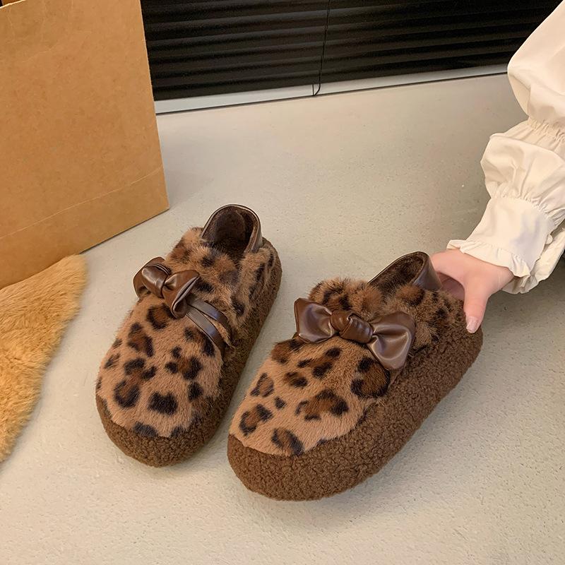 2024 Autumn and Winter New Female Cashmere Fashion Bow Hair Shoes Casual Thick Sole Cotton Shoes