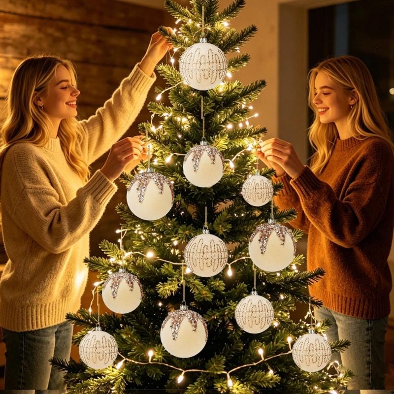 Holiday Tree Bauble Set of 6 with Patterned Finish, Hanging Style, 8 Cm Christmas Display Group for Indoor Room Use
