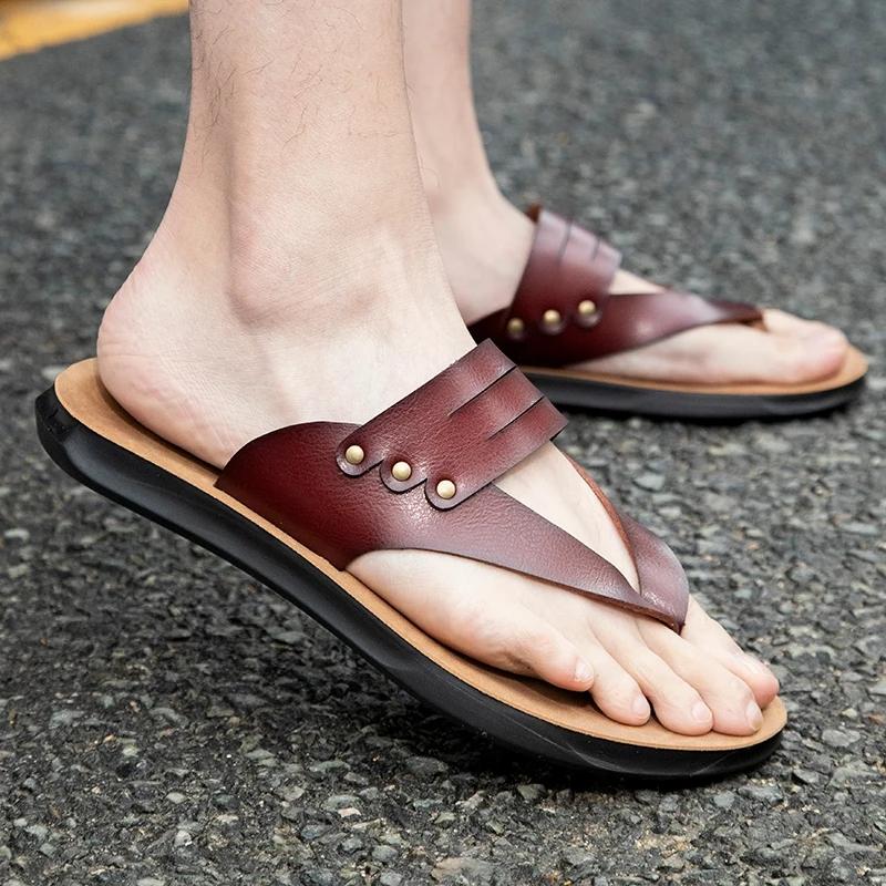 FashionNew Outdoor Men's Flip Flops Leisure Walking Summer Shoes for Men Beach Slippers Fashion Brand Cool Handmade Leather Sandals Man