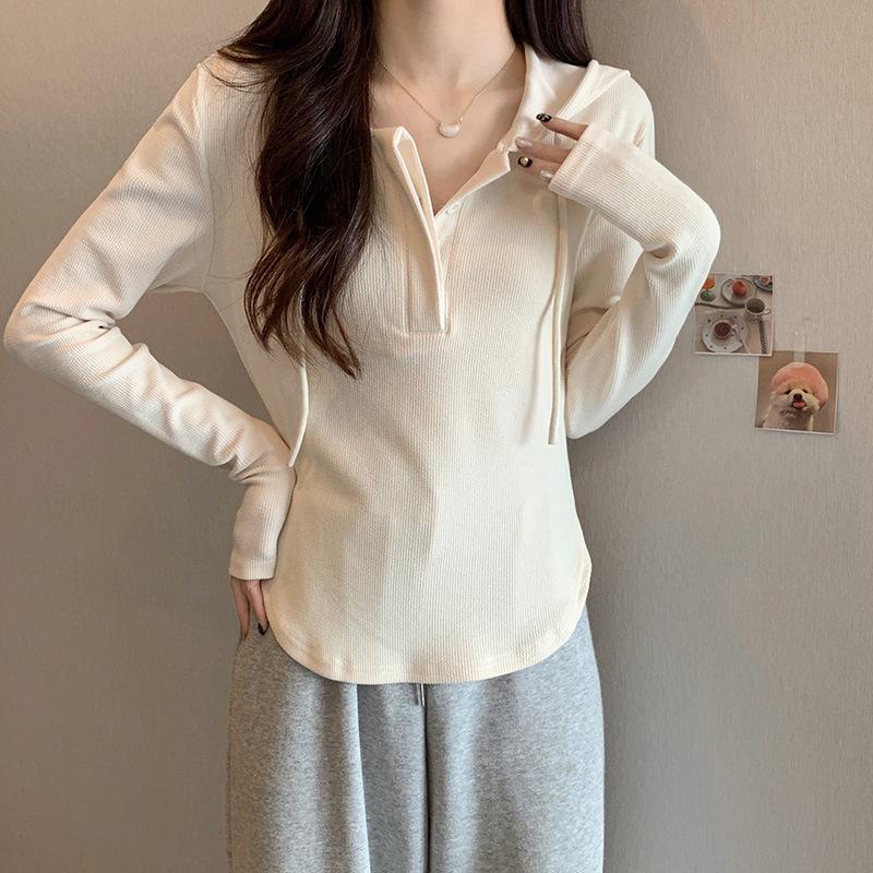 White Hooded Long-sleeved T-shirt for Women Spring and Autumn 2024 New Lazy Style Casual Slim Fit Bottoming Hoodie Top
