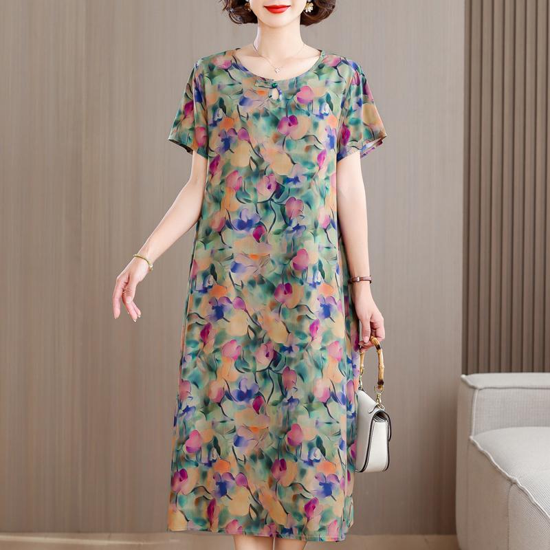 Elegant Long Dresses for Women Plus Size Loose Short Sleeve Vintage Dress Summer Middle-aged Women's Clothing