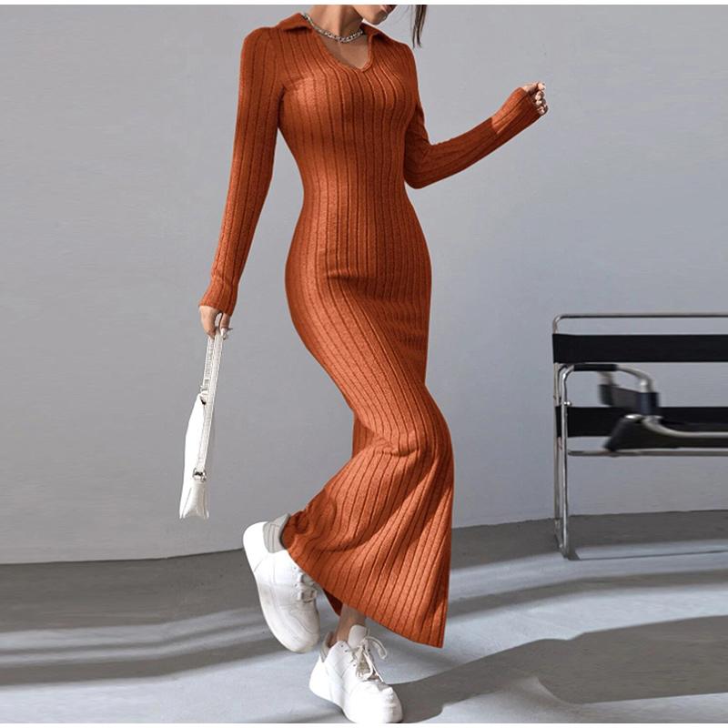 Women's Knit Dress Fall Casual Long Sleeve Lapel Collar Solid Color Bodycon Long Dresses Maxi for Female Going Out Streetwear