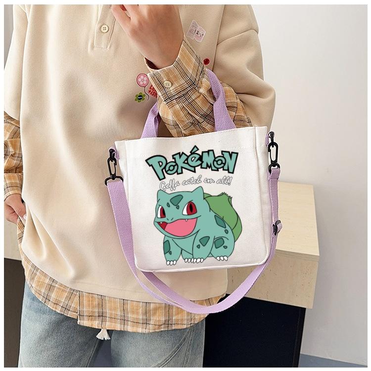 Pokemon Canvas Crossbody Bag Pikachu Cartoon Pattern Print Handbag Fashion Portable Large Capacity Travel Shopping Storage Kid Friendly Entertaining