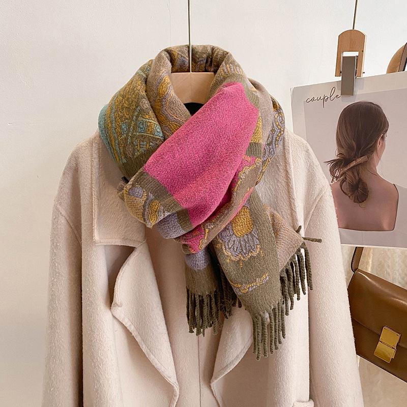 

Богемская дорожная шаль женская осенне-зимняя из пряжи core-spun с бахромой, утолщенный теплый шарф из искусственного кашемира 190CM