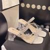 Slippers Women's Outer Wear 2025 Summer New Shoes Thick Heel High Heel Women's Shoes Rhinestone Transparent Crystal with Skirt Sandals