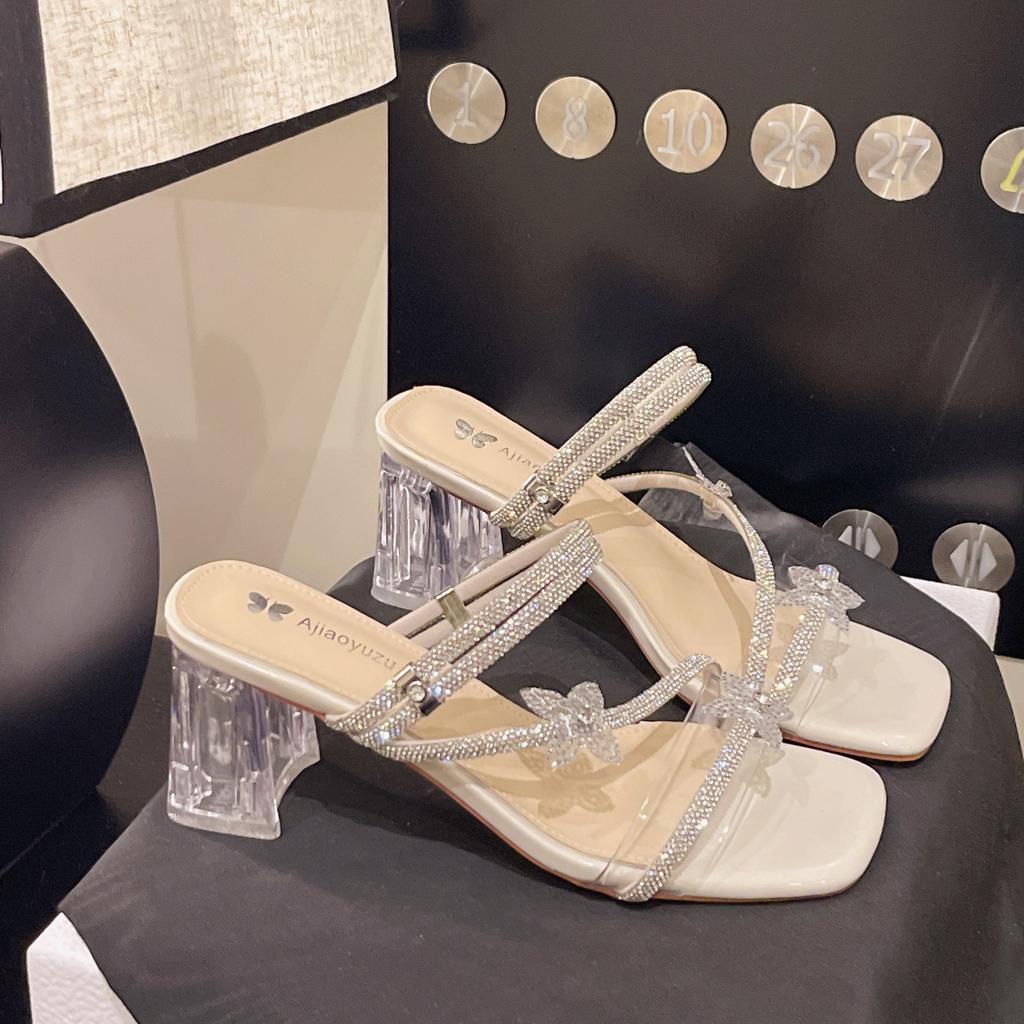 Slippers Women's Outer Wear 2025 Summer New Shoes Thick Heel High Heel Women's Shoes Rhinestone Transparent Crystal with Skirt Sandals