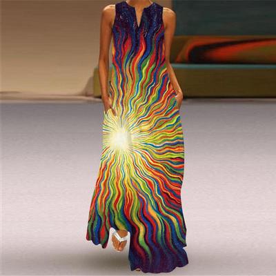 2024 Summer Women's Sleeveless V-Neck Printed Long Skirt Dress