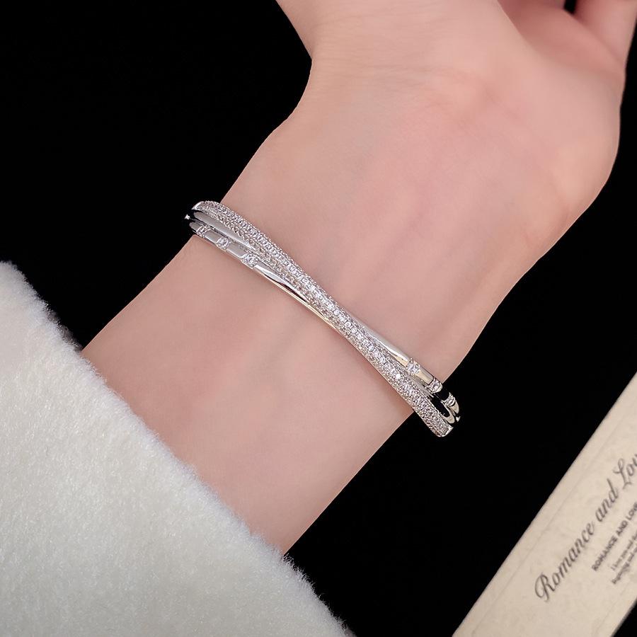 18K Gold Plated Zirconia Cross Open Bangle - Elegant Bracelet for Women