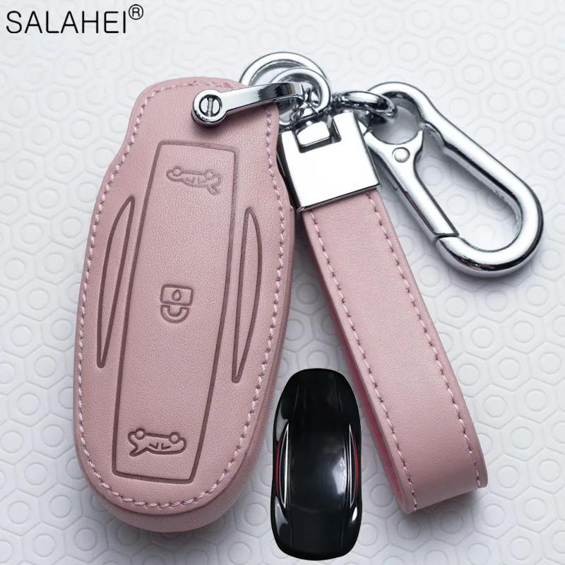 Leather Car Remote Key Fob Case Cover For Tesla Model X Model S Model 3 Car-Styling Protection Holder Shell Keychain Accessories