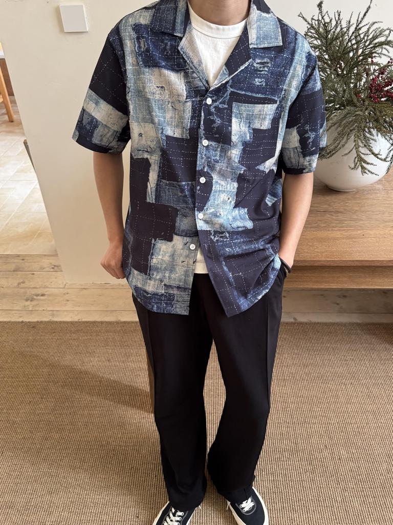2025SS Fashion Summer Clothes Streetwear Japanese Print Casual Open Collar Rag Pattern Short Sleeve Shirt [CHANGE WELL] Men's (BLUE, XL)
