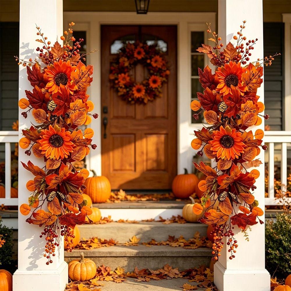 Lifelike Artificial Fall Wreath Rustic Fall Sunflower Teardrop Swag  Front Door