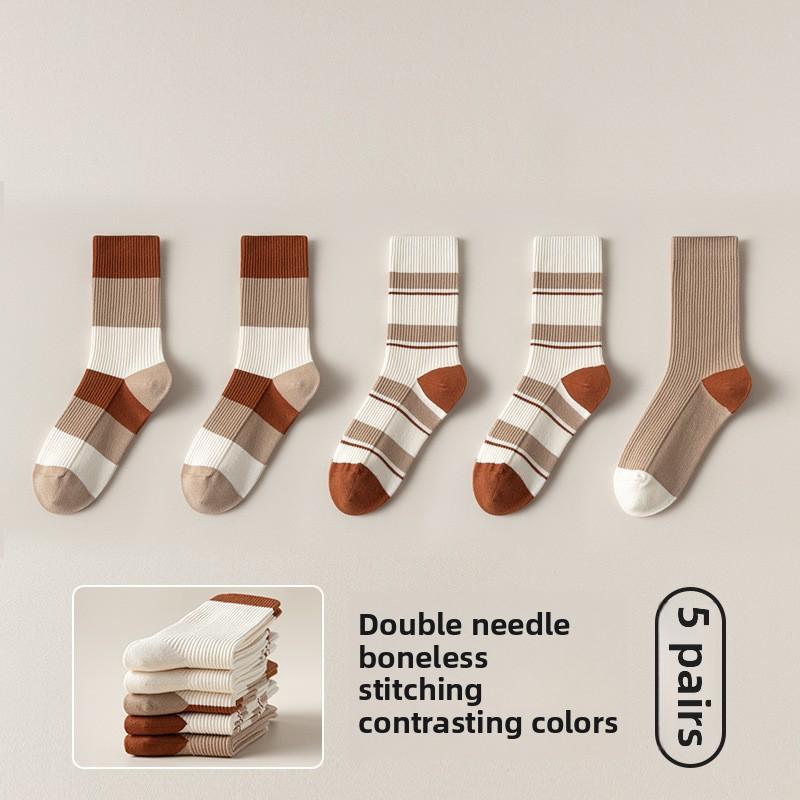 5 Pairs of Female Autumn and Winter Sweat Absorbing Deodorizing Fashion Color Collision Boneless Soft Tube Socks