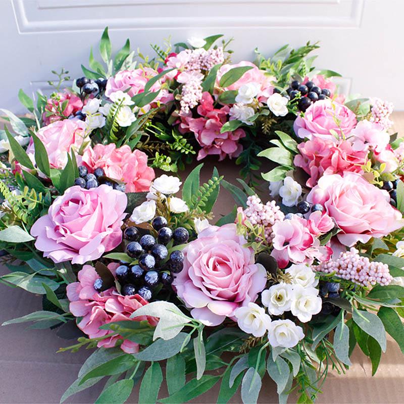 Artificial Hanging Wreath 56cm 22in Greenery Wreath Decoration Elegant Wreath for Front Door Bedroom Living Room Pink