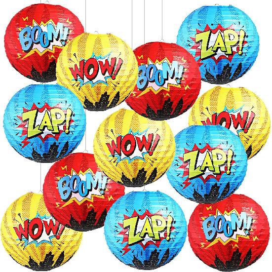 Blulu 6 Pcs Hero Themed Party Decorations Fun Hero Paper Lanterns Hanging Comic Wow Zap Boom Lanterns Birthday Party Favor for Kids Boys Adults Baby 6