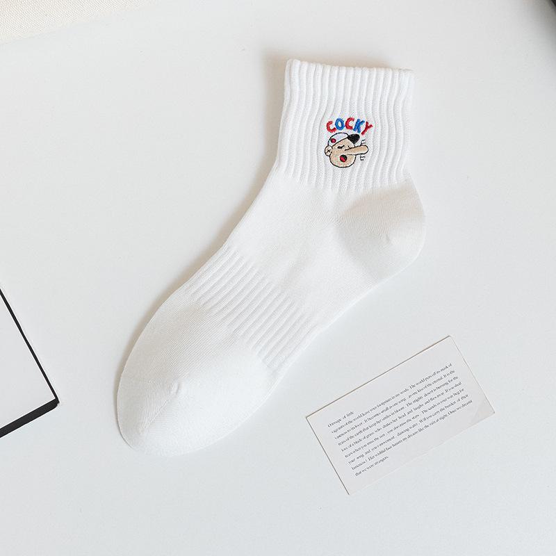 Men's Spring Summer Solid Color Embroidered Cotton Breathable Sweat-Absorbent Sports Socks for Teens and Students