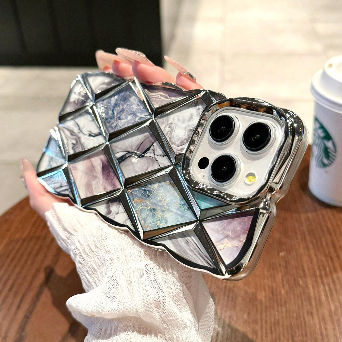 

Роскошный чехол для телефона с 3D-покрытием и ромбовидной сеткой и мраморным узором для iPhone 11, 12, 13, 14, 15 Pro Max 12 Pro 13 Pro 14 Pro Max, мягкий чехол из ТПУ с защитой от падения iPhone 13 серебряный