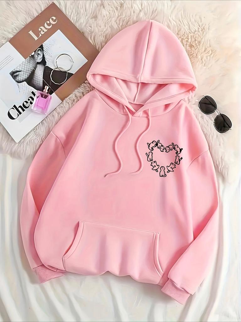 Women's Top Creative Cat Love Printed Hoodie Round Neck Long Sleeve Autumn Winter Women's Casual Sweatshirt Clothing