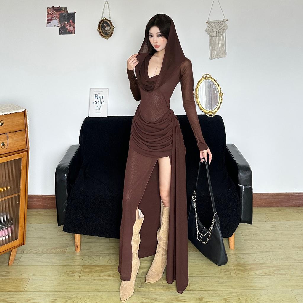 2026 European and American summer new wasteland style retro solid color hooded split fork and thin design dress women