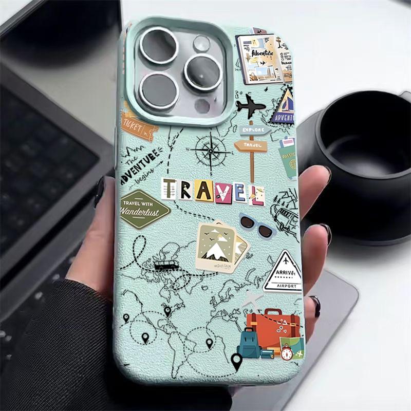 Für iPhone 16 15 Pro Max 14 Pro 13 12 11 Hülle Reise Wegweiser Muster TPU Ledertextur Weich Matt Stoßfest Schlank Handyhülle