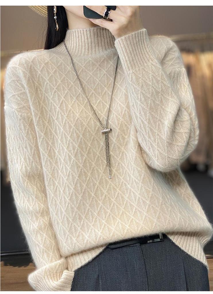 Women's Cashmere Diamond Knit Pullover: Half-High Collar, Thick, Loose-Fit, Korean Style Winter Sweater.