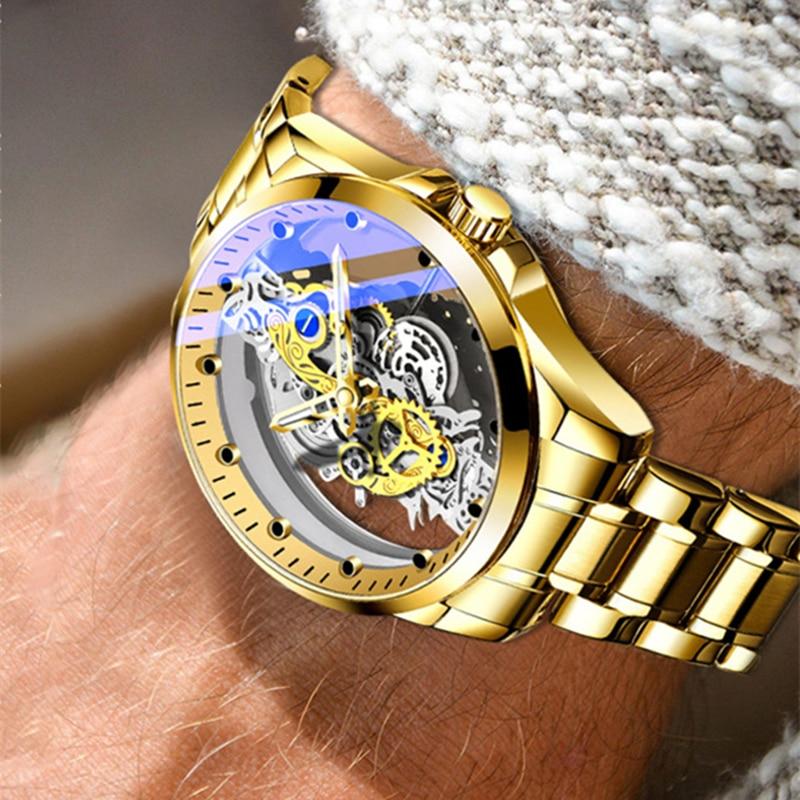 Luxury Brand Mens Watches Fashion Double-sided Hollow Dial Steel Quartz Wristwatch Waterproof Business Men's Clock