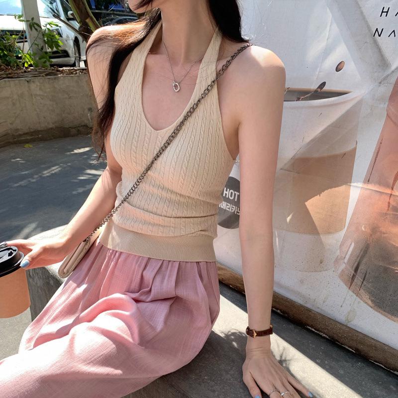 In-Stock: Pure Desire Spicy Girl V-Neck Halter Knit Camisole - Slim Fit, Open Back, Summer Outerwear Medium абрикосовый