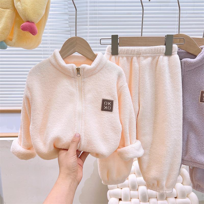 Plush Sets Children Autumn Winter Warm Fleece Suits Baby Thickened Cardigan Pants Outfits Boys Girls Homewear