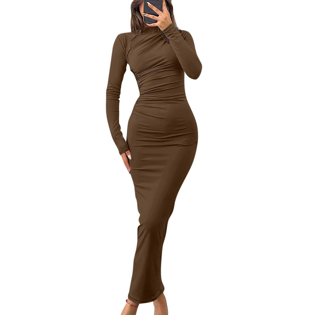 Women's Fall Long Sleeve Bodycon Maxi Dresses Sexy Ruched Neck Slim Fit Cocktail Party Dress