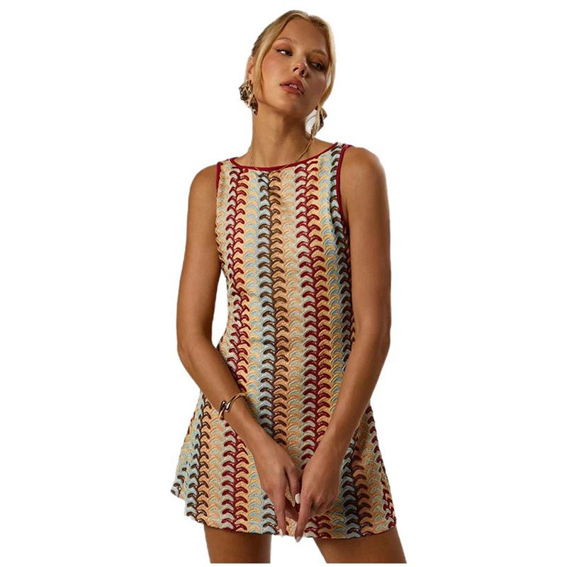 Summer New Style European and American Style Crocheted Floral Contrast Color Sleeveless Dress