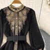 Süßer Stil Damen Langarm Stickerei Patchwork Einreiher Hohe Taille A-Linie Kleid Herbst Neue Kleider SN3859