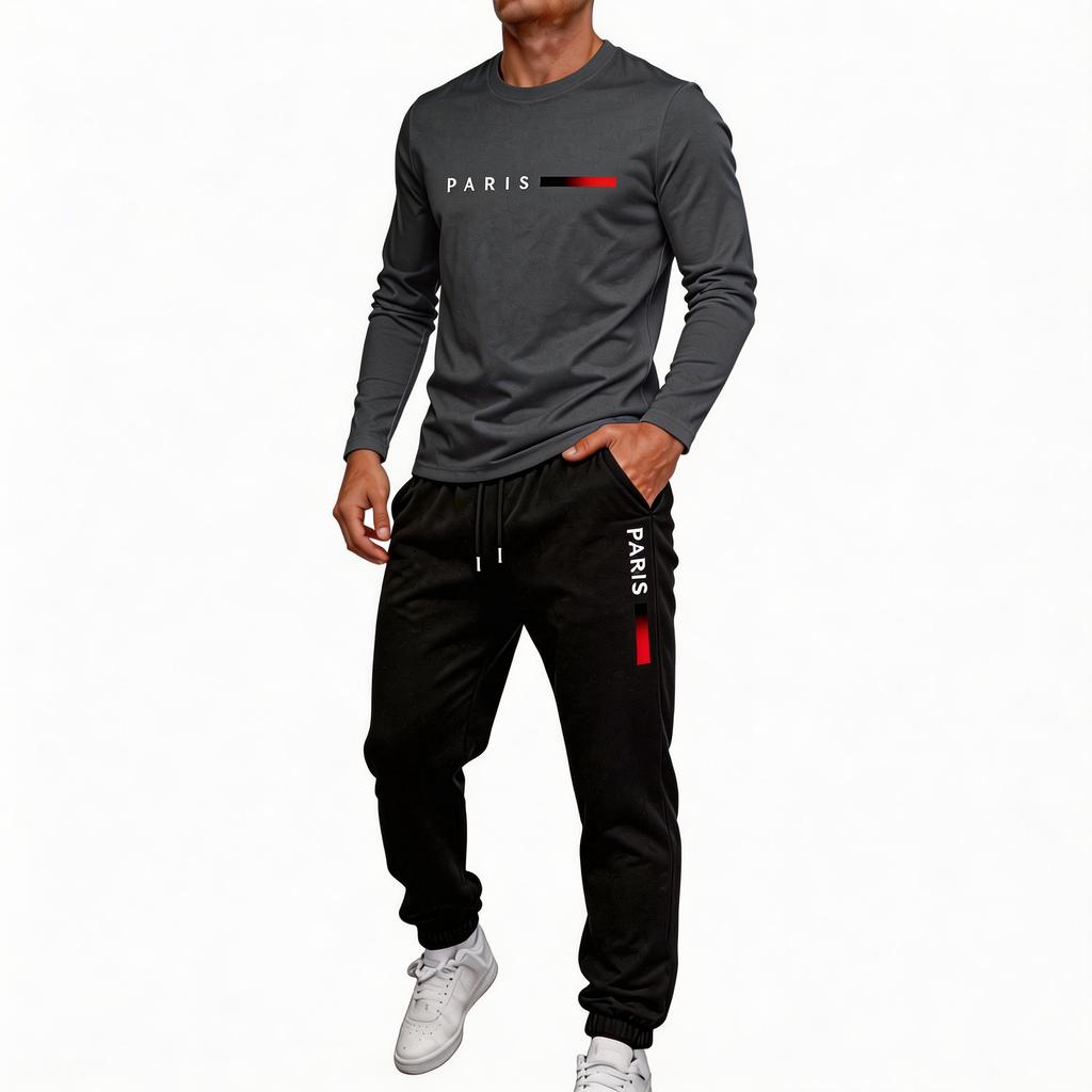 Men's Outdoor Sports Two Piece Set Breathable Long Sleeve Shirt and Elastic Waist Jogger Pants Casual Athletic Wear for Daily Activities