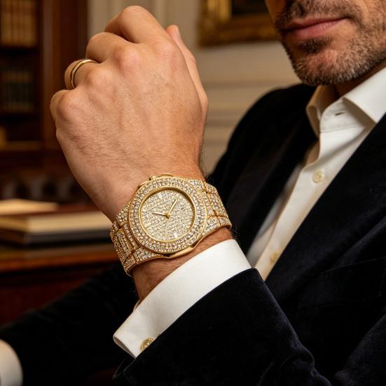 Quarzuhr mit voll besetztem Diamantlünetten- und Zifferblatt-Design, hochpräzise, funkelnd, trendiger Hip-Hop-Stil, für den täglichen Gebrauch und Partys