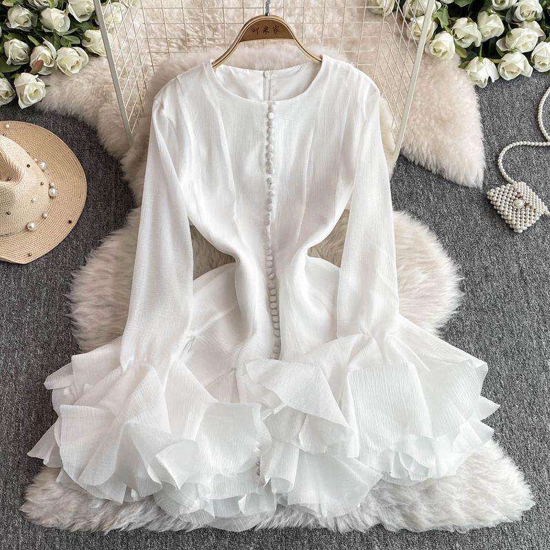 Vietnam Niche Style Long Sleeves Silm Waist Slimming Sweet Lotus Leaf Dress Women's Autumn Fancy Holiday Short Dress