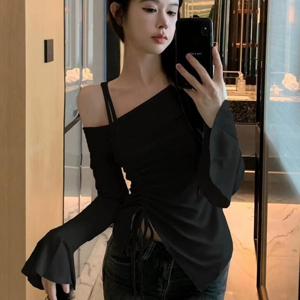 VAYLA Spring Autumn Flare Sleeve T Shirts Women Solid Bodycone Basic Long Sleeve Crop Tops Casual Shirring Off-shoulder Tees