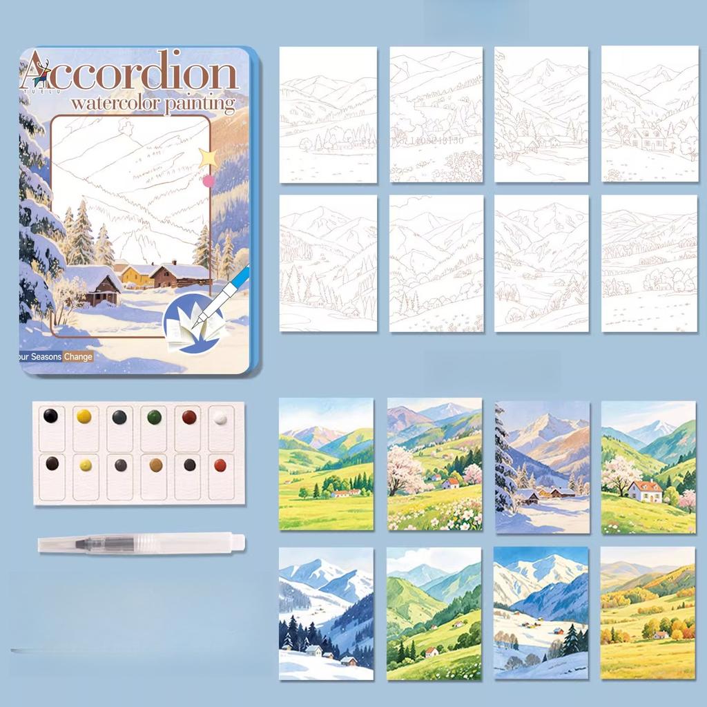 Folded Watercolor Coloring Line Drawing Book Comes with Paints Brushes Notebook Beginners Coloring Doodle Copying Illustrations