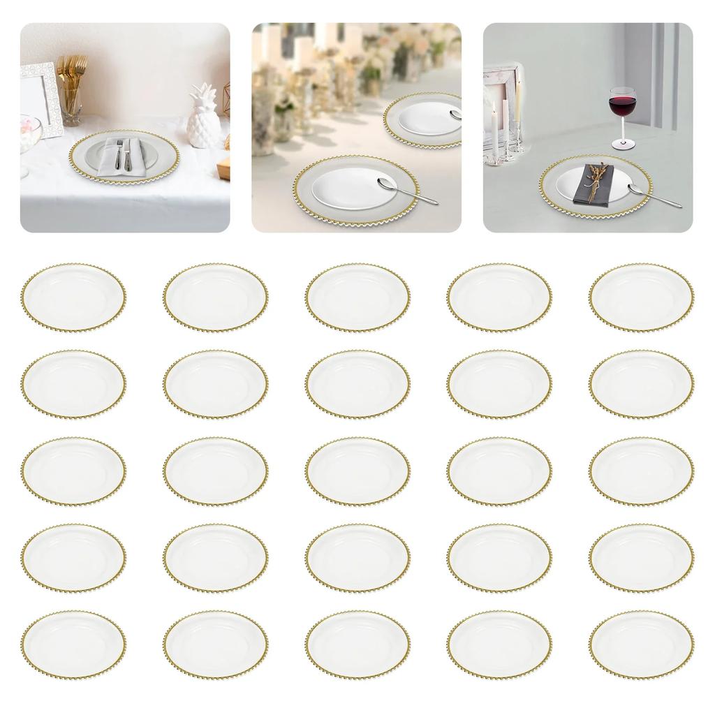 25 Stück Goldene und Klare Platzteller mit Perlenrand, Goldene Runde Platzteller aus Kunststoff, Dekorative Teller für den Esstisch