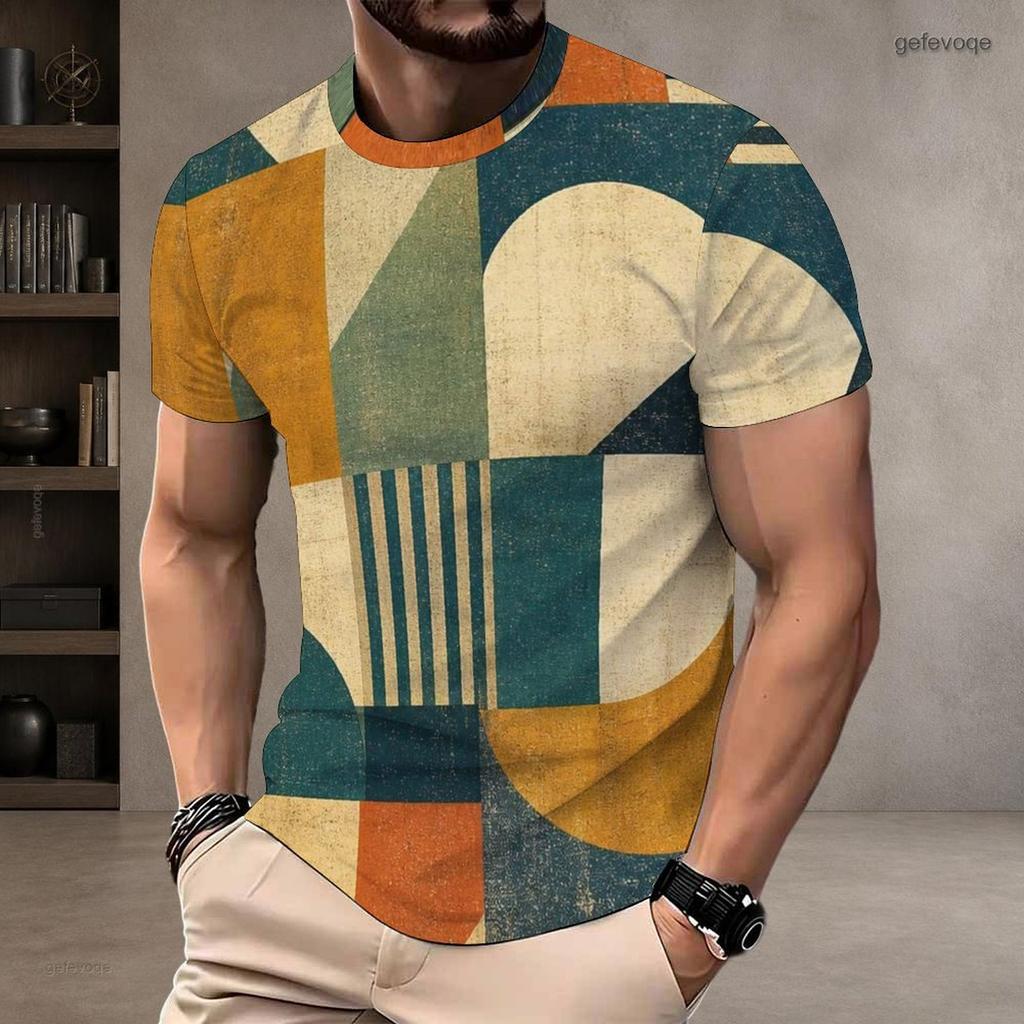 Men Plus Size Round Neck Short Sleeve T Shirt Abstract Geometric Printed Multicolor Casual Pullover