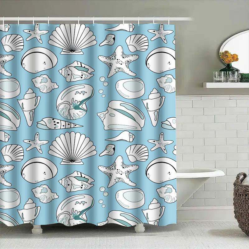 Blue Sea Shell Print Shower Curtain Set: Waterproof Fabric Decorative Home Bath Room Accessory For Bathroom Light Blue