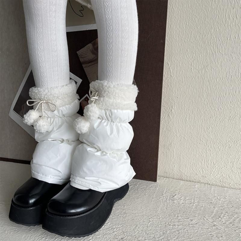 Lamb Fleece Trim Padded Puffer Leg Warmers with Cute Plush Balls for Women Warm Thermal Quilted Boot Cuffs Foot Covers