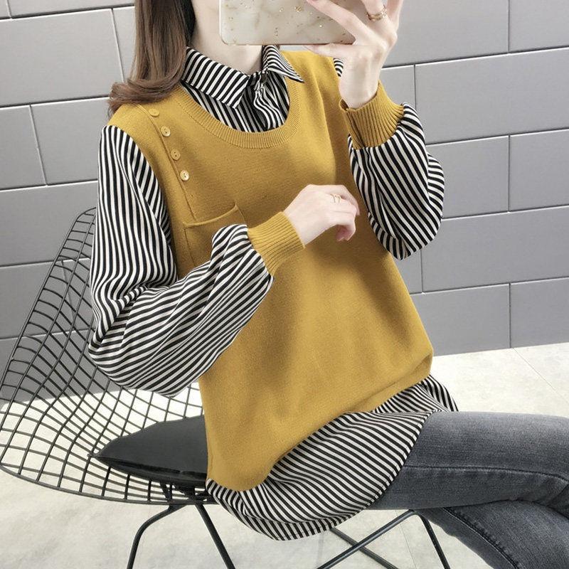 Korean Fashion Fake Two Pieces Blouse Women Casual O-neck Long Sleeve Patchwork Tops