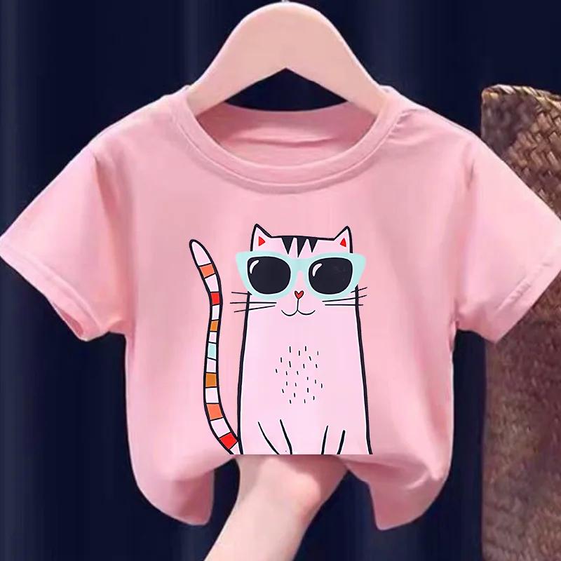 2026 New Cat Print Girls Short Sleeve TShirt Childrens Round Neck Summer Top Kids Fashion Casual Wear Kitten Printed Clothes